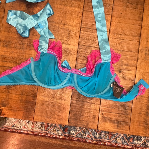 Intimates & Sleepwear Halter Neon Pink Blue Mesh Lace Bra Set Panties